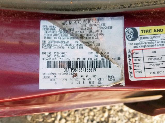 3FAFP08186R158619 - 2006 FORD FUSION SEL RED photo 10