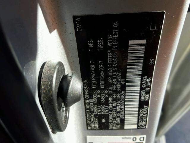 JTEBU5JR7G5320836 - 2016 TOYOTA 4RUNNER SR SILVER photo 10