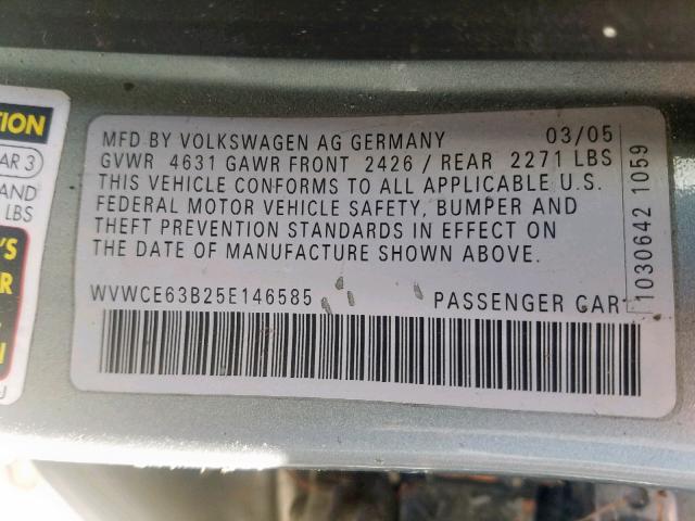 WVWCE63B25E146585 - 2005 VOLKSWAGEN PASSAT GLS SILVER photo 10