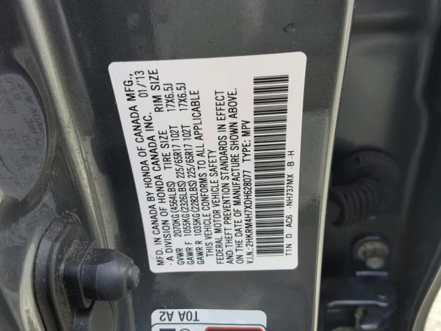 2HKRM4H7XDH628077 - 2013 HONDA CR-V EXL GRAY photo 10