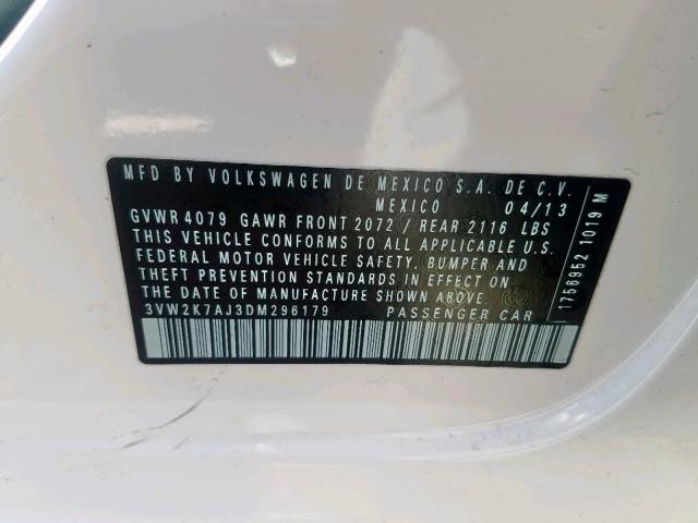 3VW2K7AJ3DM296179 - 2013 VOLKSWAGEN JETTA BASE WHITE photo 10