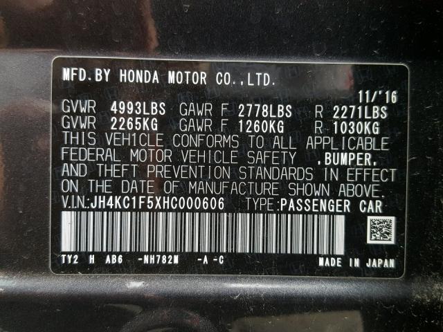 JH4KC1F5XHC000606 - 2017 ACURA RLX TECH CHARCOAL photo 10