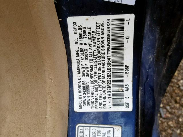 1HGEM22263L080641 - 2003 HONDA CIVIC DX BLUE photo 10