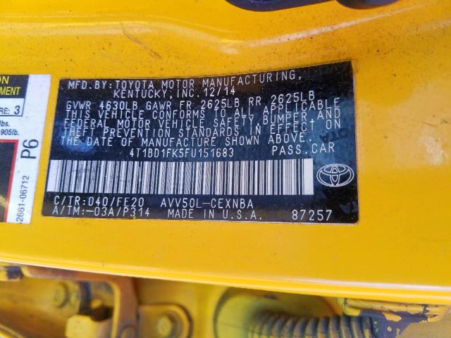 4T1BD1FK5FU151683 - 2015 TOYOTA CAMRY HYBR YELLOW photo 10