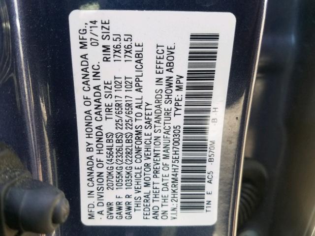 2HKRM4H75EH700305 - 2014 HONDA CR-V EXL BLUE photo 10