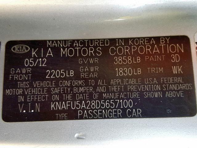 KNAFU5A28D5657100 - 2013 KIA FORTE EX SILVER photo 10