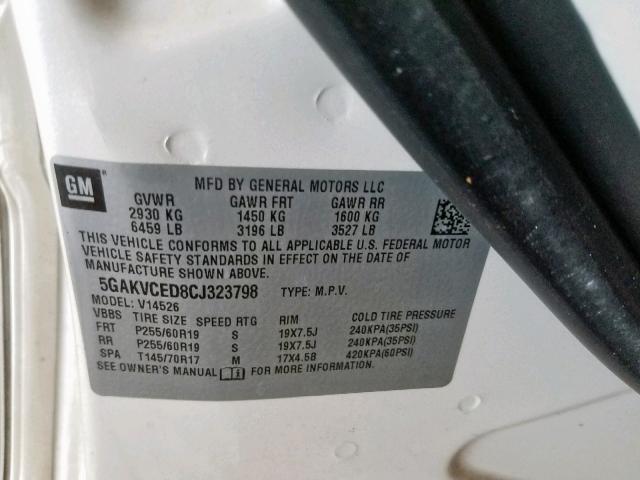 5GAKVCED8CJ323798 - 2012 BUICK ENCLAVE WHITE photo 10