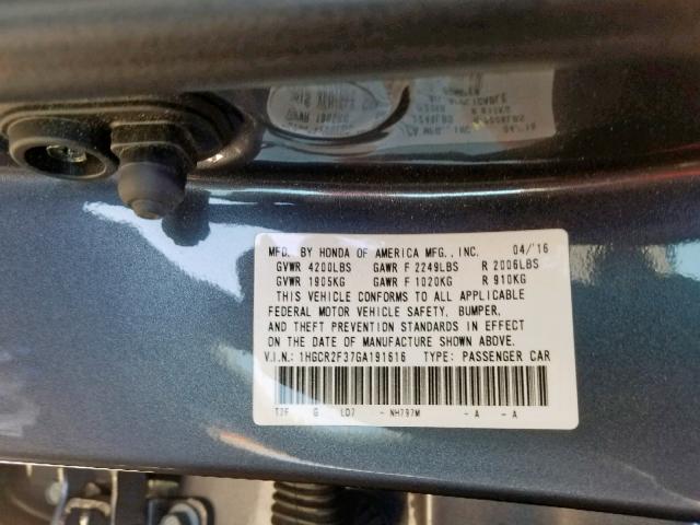 1HGCR2F37GA191616 - 2016 HONDA ACCORD LX CHARCOAL photo 10