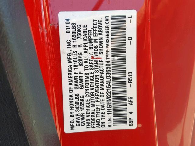 1HGEM22164L036504 - 2004 HONDA CIVIC DX V RED photo 10