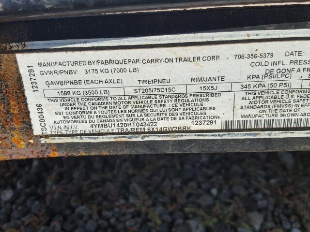 4YMBU1420HT043422 - 2017 UTILITY TRAILER BLACK photo 10