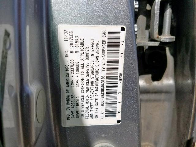 1HGCP26438A043186 - 2008 HONDA ACCORD LXP SILVER photo 10