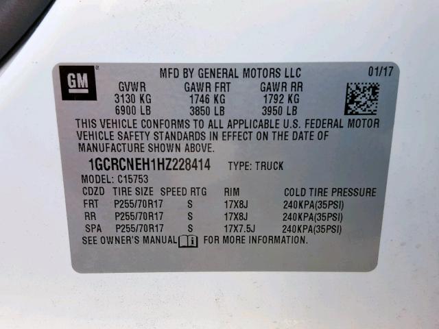 1GCRCNEH1HZ228414 - 2017 CHEVROLET SILVERADO WHITE photo 10