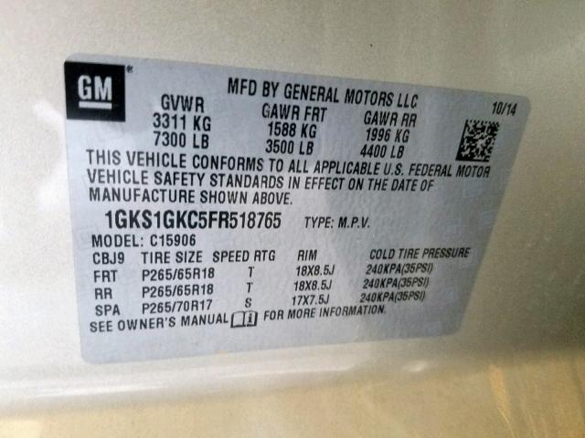 1GKS1GKC5FR518765 - 2015 GMC YUKON XL C SILVER photo 10