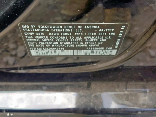 1VWAH7A3XDC043146 - 2013 VOLKSWAGEN PASSAT S BLACK photo 10