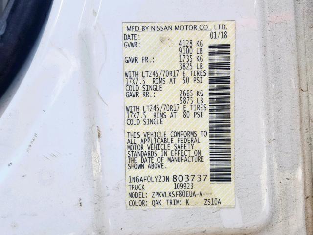 1N6AF0LY2JN803737 - 2018 NISSAN NV 2500 S WHITE photo 10