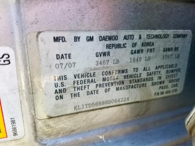 KL1TD56688B064224 - 2008 CHEVROLET AVEO BASE Silber Foto 10