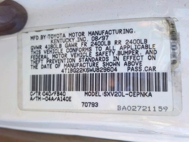 4T1BG22K6WU829604 - 1998 TOYOTA CAMRY CE WHITE photo 10