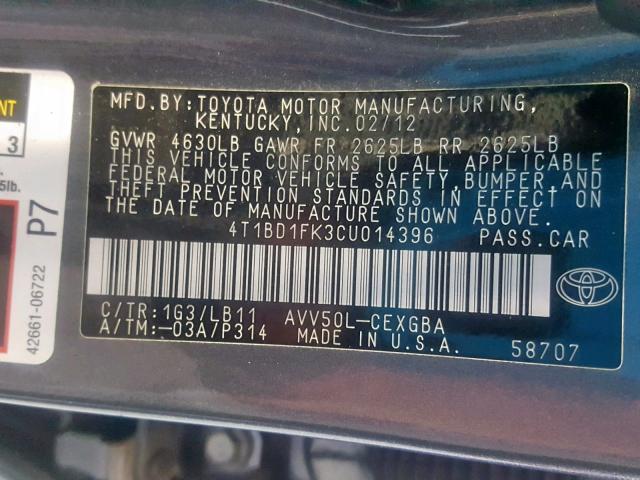 4T1BD1FK3CU014396 - 2012 TOYOTA CAMRY HYBR GRAY photo 10