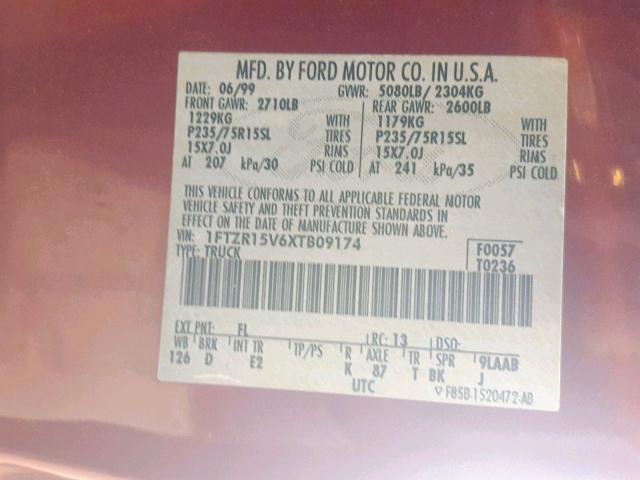 1FTZR15V6XTB09174 - 1999 FORD RANGER SUP MAROON photo 10