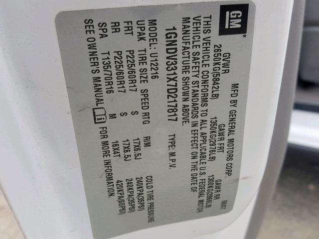 1GNDV331X7D217817 - 2007 CHEVROLET UPLANDER L 白色 照片 10