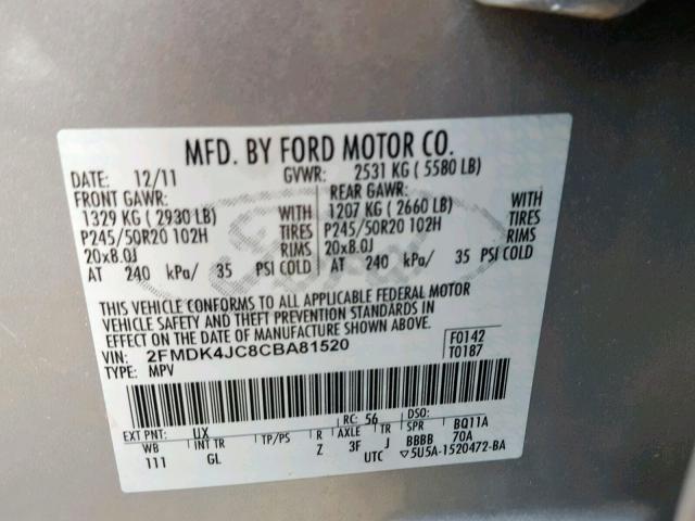 2FMDK4JC8CBA81520 - 2012 FORD EDGE SEL SILVER photo 10