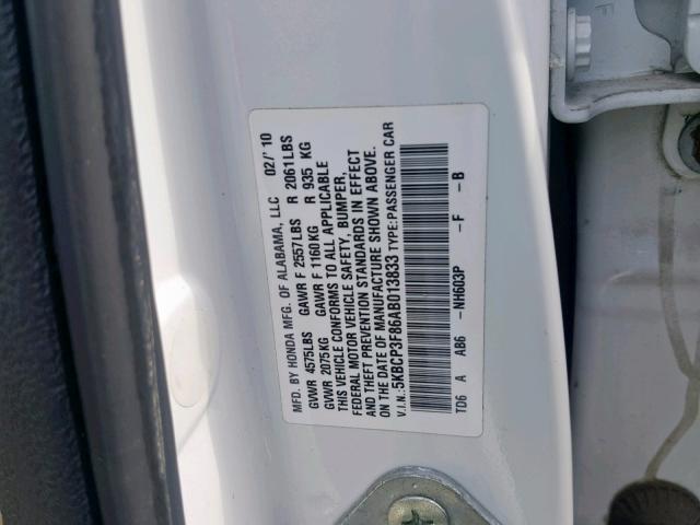 5KBCP3F86AB013833 - 2010 HONDA ACCORD EXL WHITE photo 10