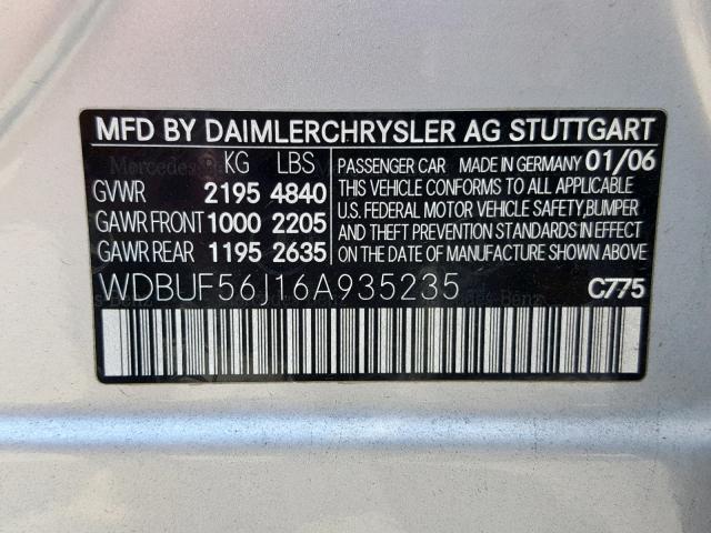 WDBUF56J16A935235 - 2006 MERCEDES-BENZ E 350 SILVER photo 10