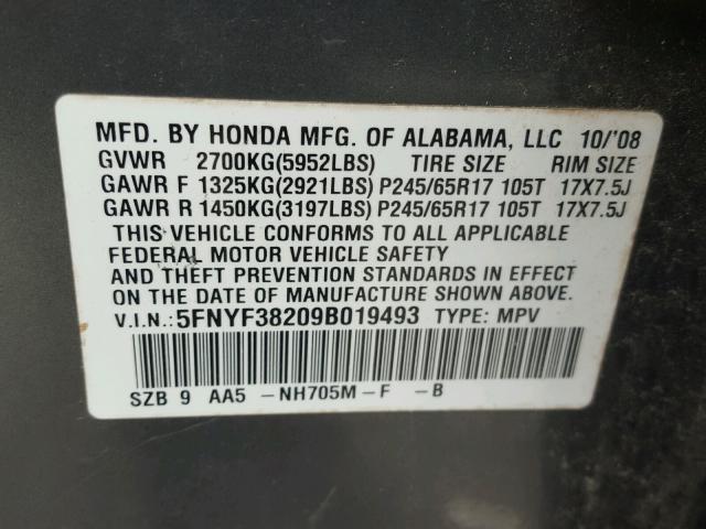 5FNYF38209B019493 - 2009 HONDA PILOT LX GRAY photo 10