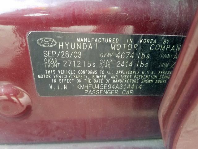 KMHFU45E94A314414 - 2004 HYUNDAI XG 350 BURGUNDY photo 10