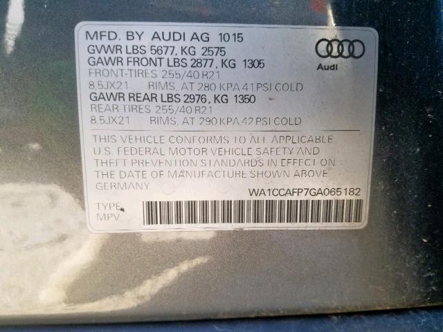 WA1CCAFP7GA065182 - 2016 AUDI SQ5 PREMIU CHARCOAL photo 10