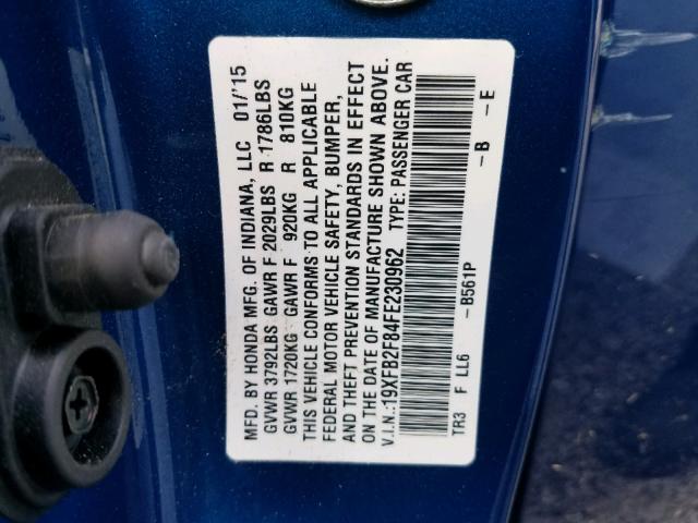 19XFB2F84FE230962 - 2015 HONDA CIVIC EX BLUE photo 10