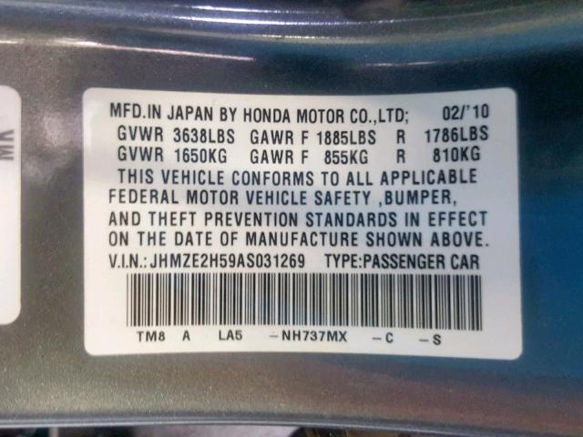 JHMZE2H59AS031269 - 2010 HONDA INSIGHT LX GRAY photo 10