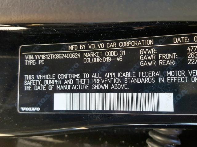 YV1612TK8G2400624 - 2016 VOLVO S60 PREMIE BLACK photo 10