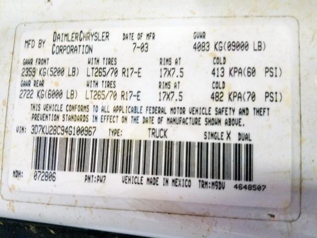 3D7KU28C94G100967 - 2004 DODGE RAM 2500 S თეთრი ფოტო 10