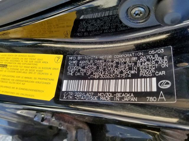 JTHBF30G630147514 - 2003 LEXUS ES 300 BLACK photo 10