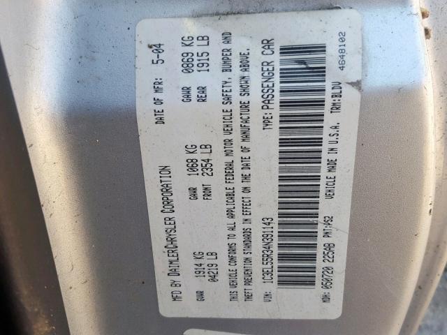 1C3EL55R34N391143 - 2004 CHRYSLER SEBRING LX GRAY photo 10