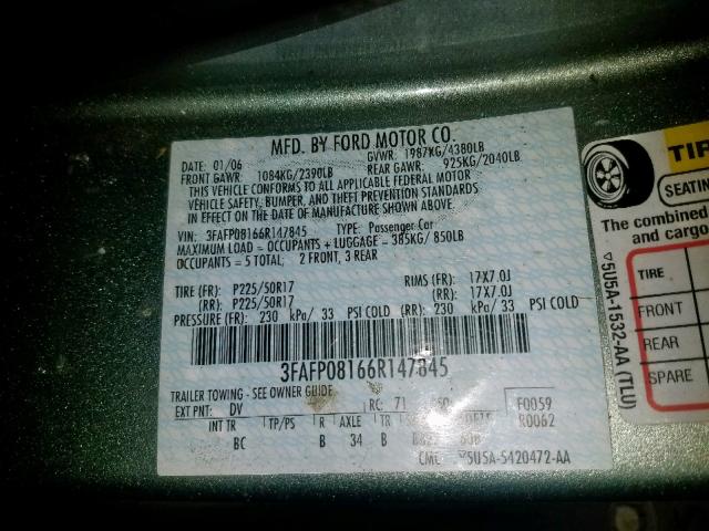 3FAFP08166R147845 - 2006 FORD FUSION SEL GREEN photo 10