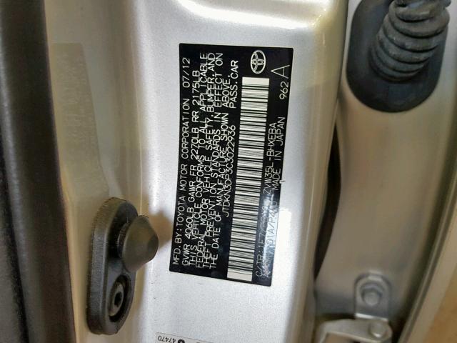 JTDKN3DP3C3022936 - 2012 TOYOTA PRIUS PLUG SILVER photo 10