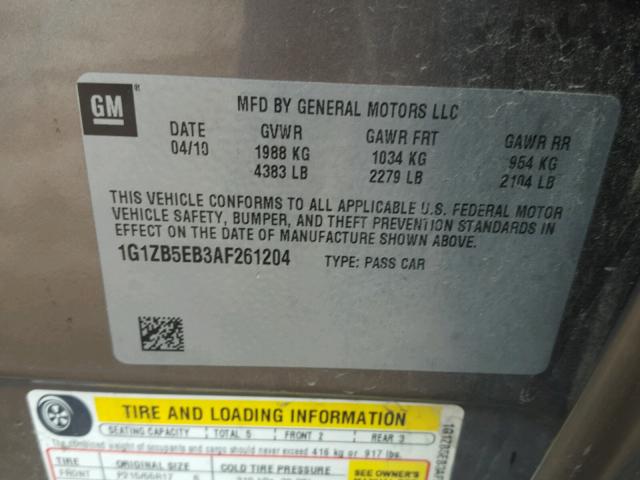 1G1ZB5EB3AF261204 - 2010 CHEVROLET MALIBU LS 金色 照片 10