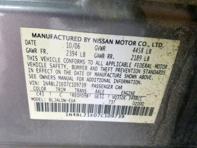 1N4BL21E07C109739 - 2007 NISSAN ALTIMA 3.5 GRAY photo 10