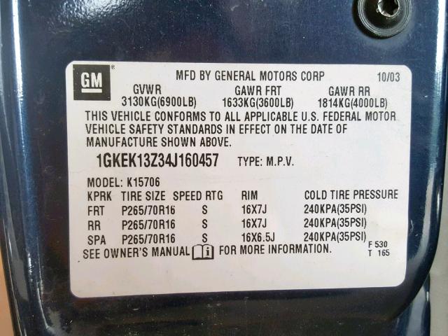 1GKEK13Z34J160457 - 2004 GMC YUKON BLUE photo 10