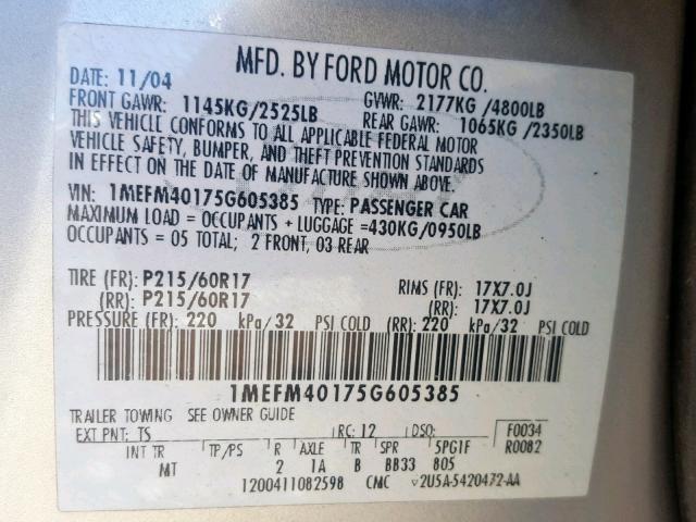 1MEFM40175G605385 - 2005 MERCURY MONTEGO LU SILVER photo 10