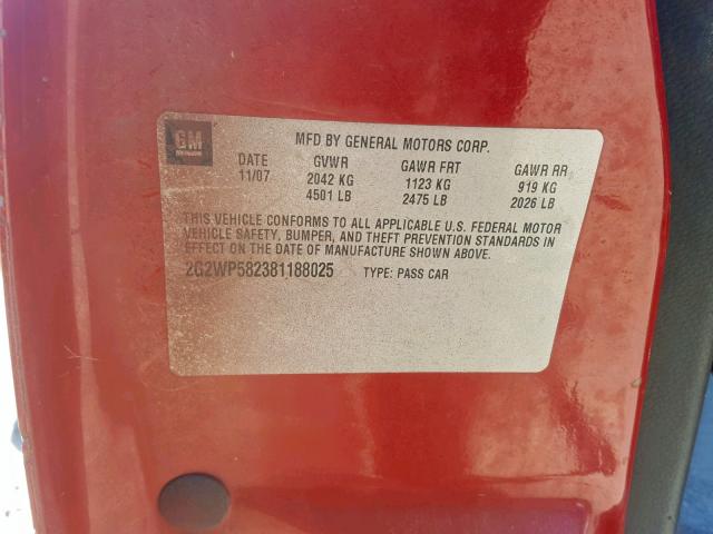 2G2WP582381188025 - 2008 PONTIAC GRAND PRIX RED photo 10