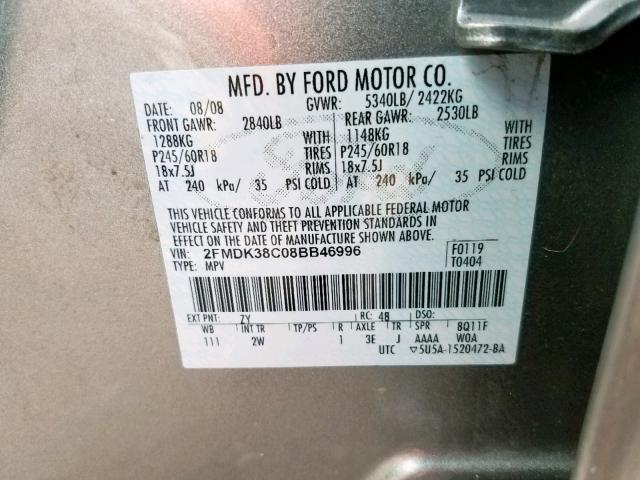 2FMDK38C08BB46996 - 2008 FORD EDGE SEL SILVER photo 10