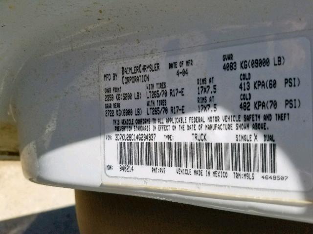 3D7KU28C14G234937 - 2004 DODGE RAM 2500 S Սպիտակ լուսանկար 10