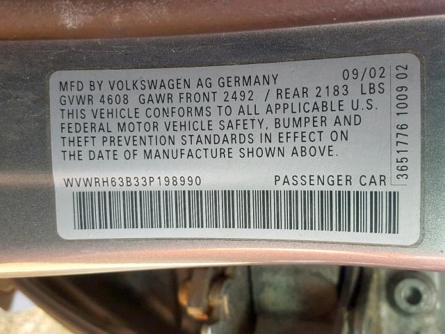 WVWRH63B33P198990 - 2003 VOLKSWAGEN PASSAT GLX 银色 照片 10