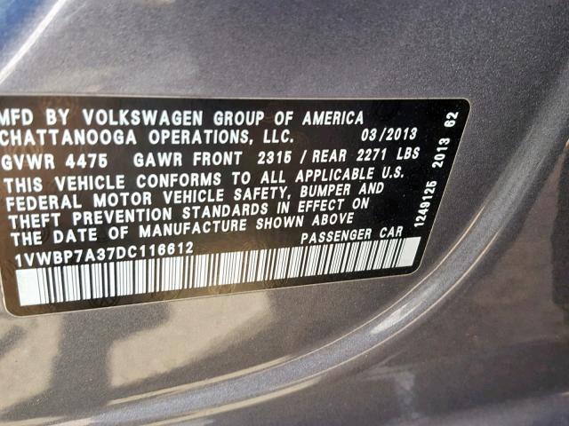 1VWBP7A37DC116612 - 2013 VOLKSWAGEN PASSAT SE CHARCOAL photo 10