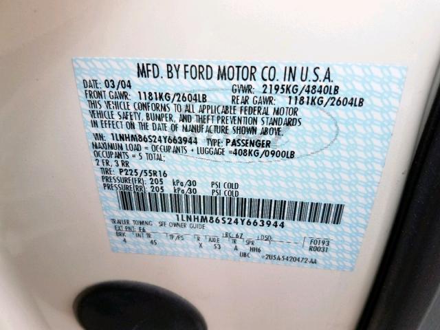 1LNHM86S24Y663944 - 2004 LINCOLN LS 白色 照片 10