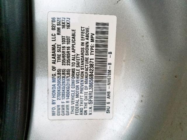 5FNRL38656B423871 - 2006 HONDA ODYSSEY EX SILVER photo 10