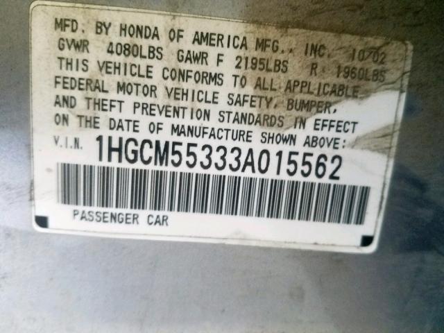 1HGCM55333A015562 - 2003 HONDA ACCORD LX SILVER photo 10